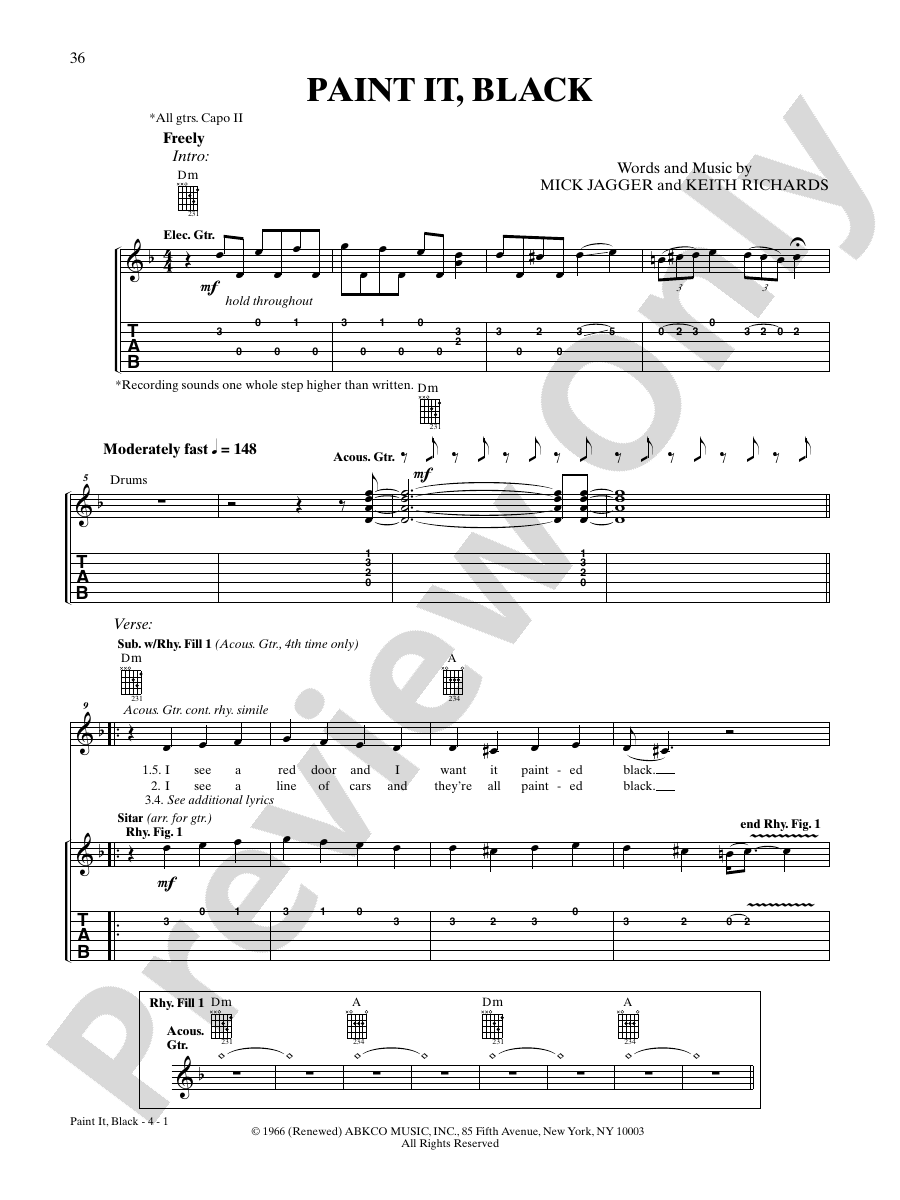Paint It, Black: Guitar: The Rolling Stones - Digital Sheet Music Download