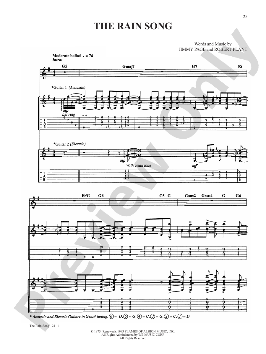 The Rain Song Guitar Led Zeppelin Digital Sheet Music Download