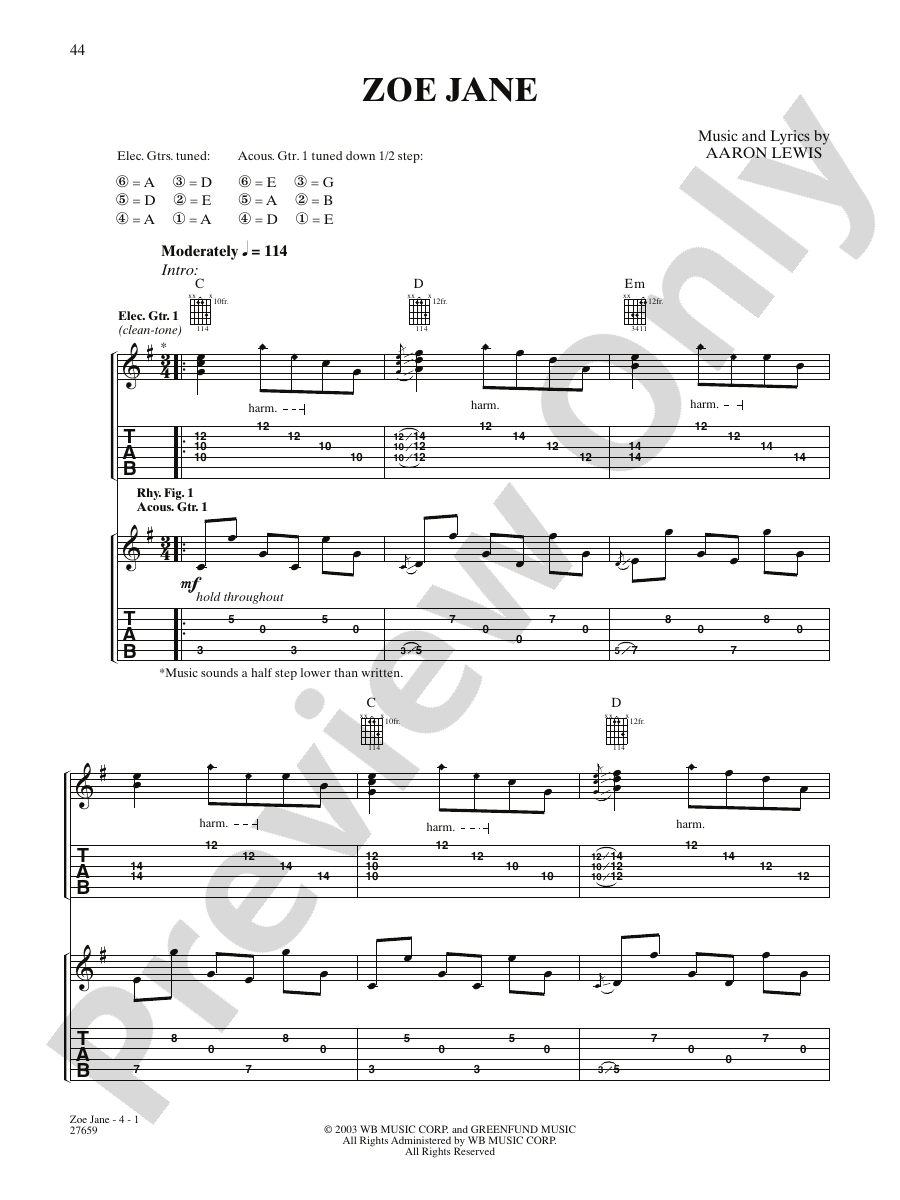 Zoe Jane Guitar Staind Digital Sheet Music Download