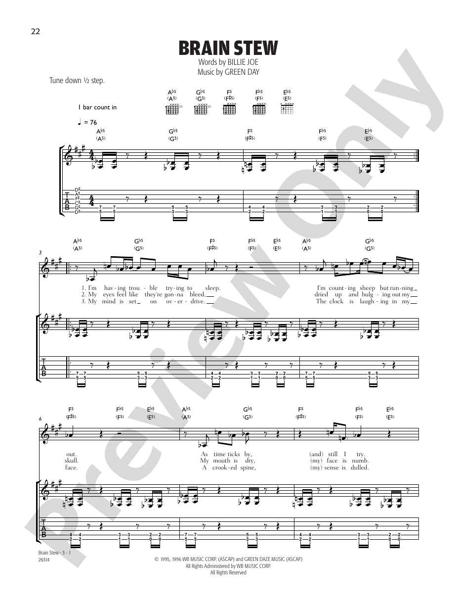 Brain Stew Guitar Green Day Digital Sheet Music Download