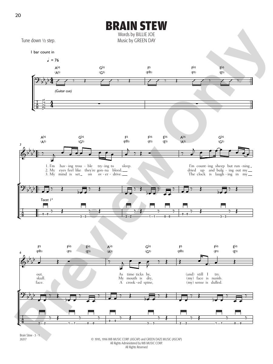 Brain Stew Bass Guitar Green Day Digital Sheet Music Download