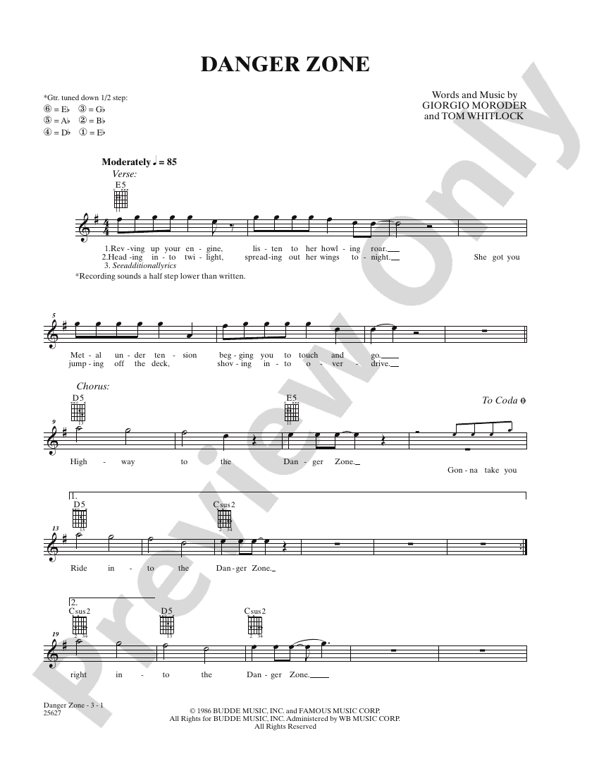 Danger Zone (From "Top Gun") Guitar Kenny Loggins Digital Sheet
