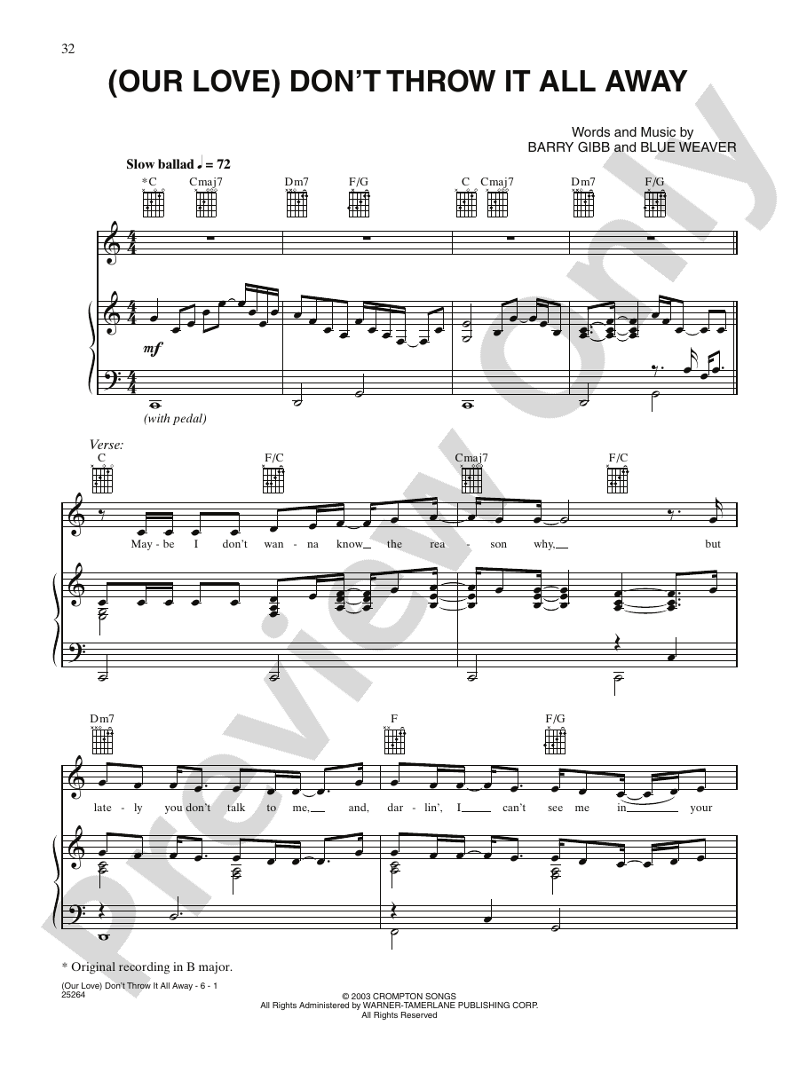 (Our Love) Don'T Throw It All Away Piano/Vocal/Chords Barbra