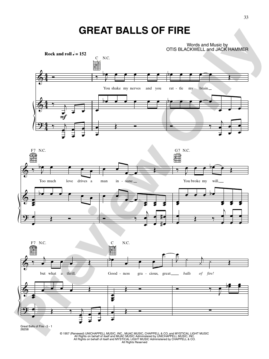 Great Balls Of Fire Piano/Vocal/Chords Jerry Lee Lewis Digital Sheet Music Download