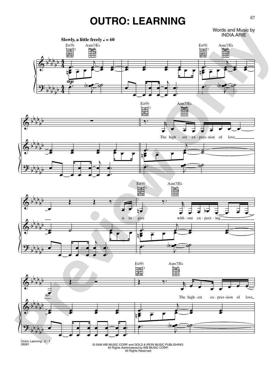 Outro Learning Piano/Vocal/Chords India Arie Digital Sheet Music