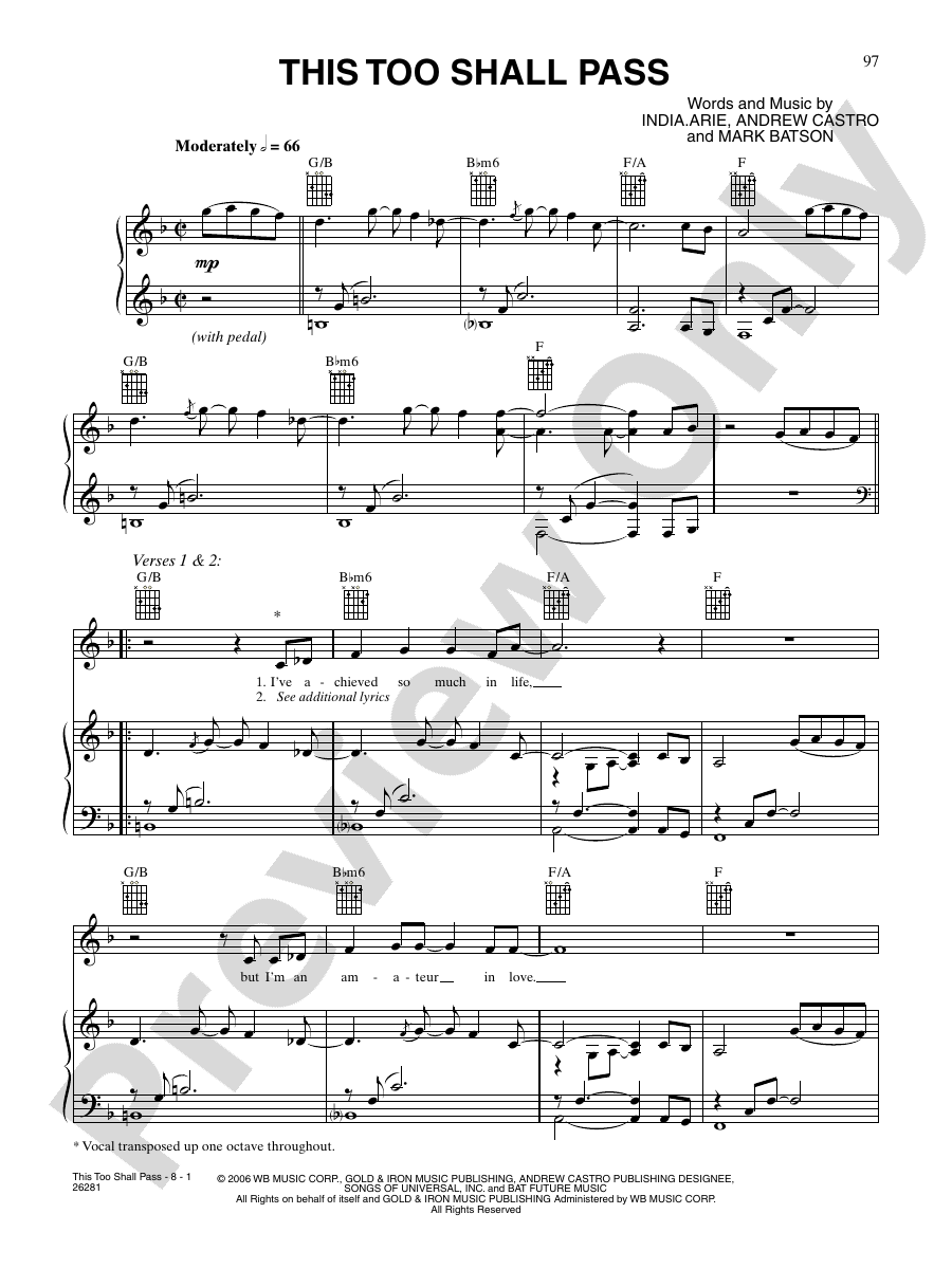 This Too Shall Pass Piano/Vocal/Chords India Arie Digital Sheet