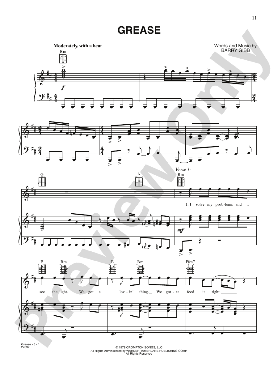 Grease Piano/Vocal/Guitar Frankie Valli Digital Sheet Music Download
