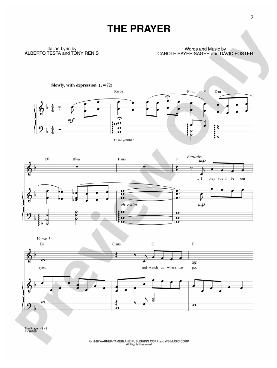 The Prayer: Piano/Vocal/Chords: Celine Dion - Digital Sheet Music Download