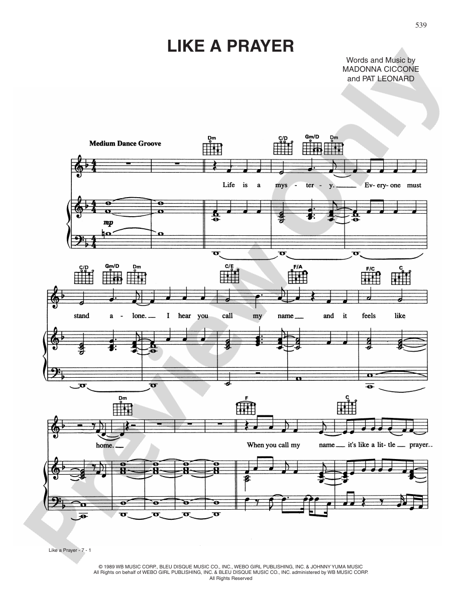 Like a Prayer Piano/Vocal/Chords Madonna Digital Sheet Music Download