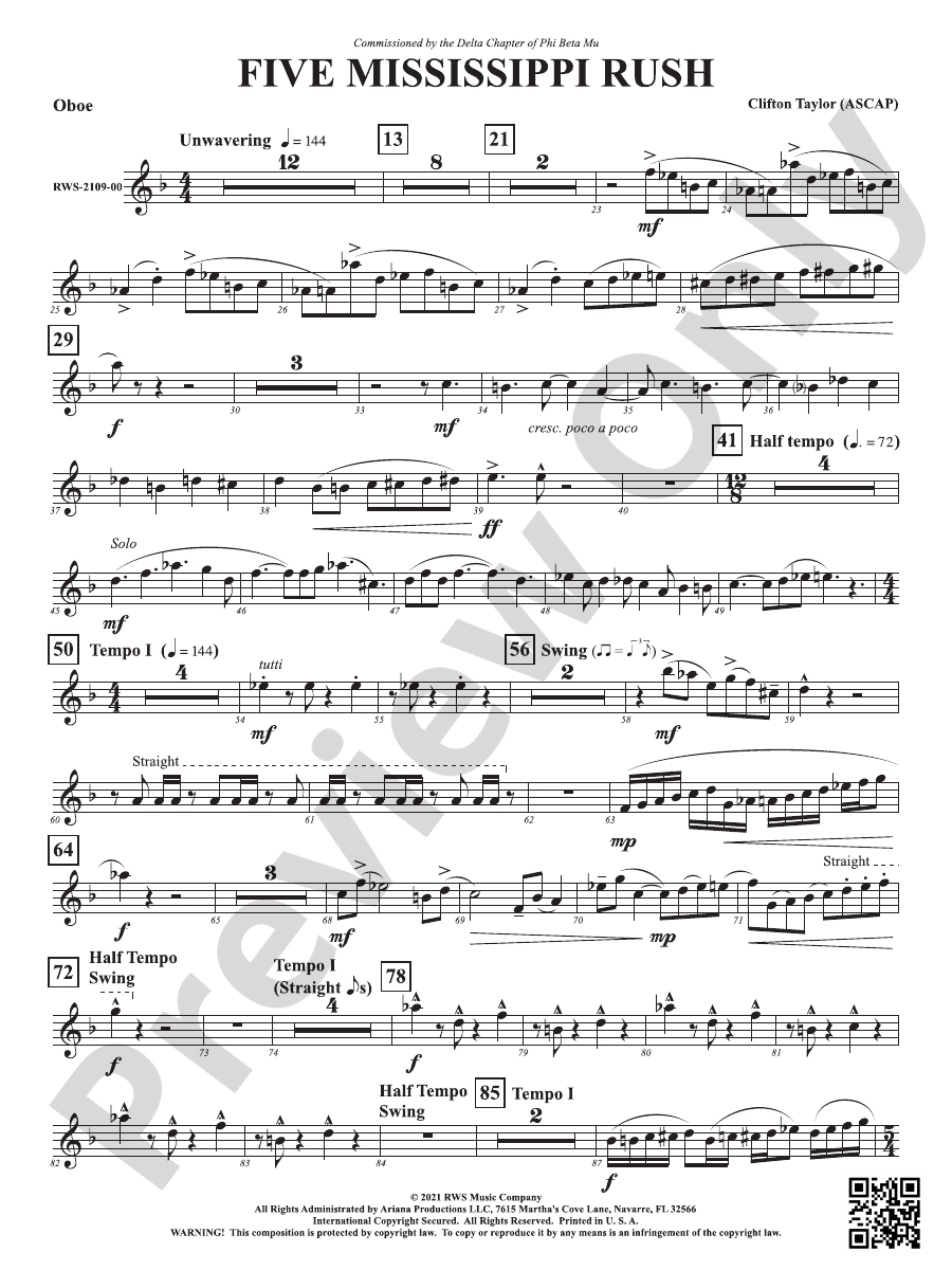 Five Mississippi Rush Oboe Oboe Part Clifton Taylor Digital Sheet Music Download