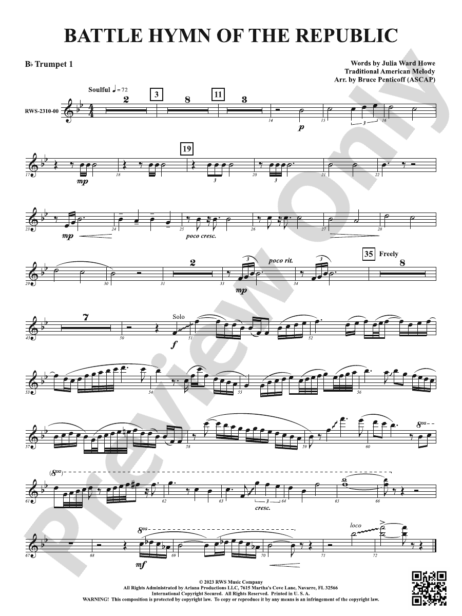 Preview of Battle Hymn of the Republic sheet music for a Bb trumpet part, labeled as a first trumpet part