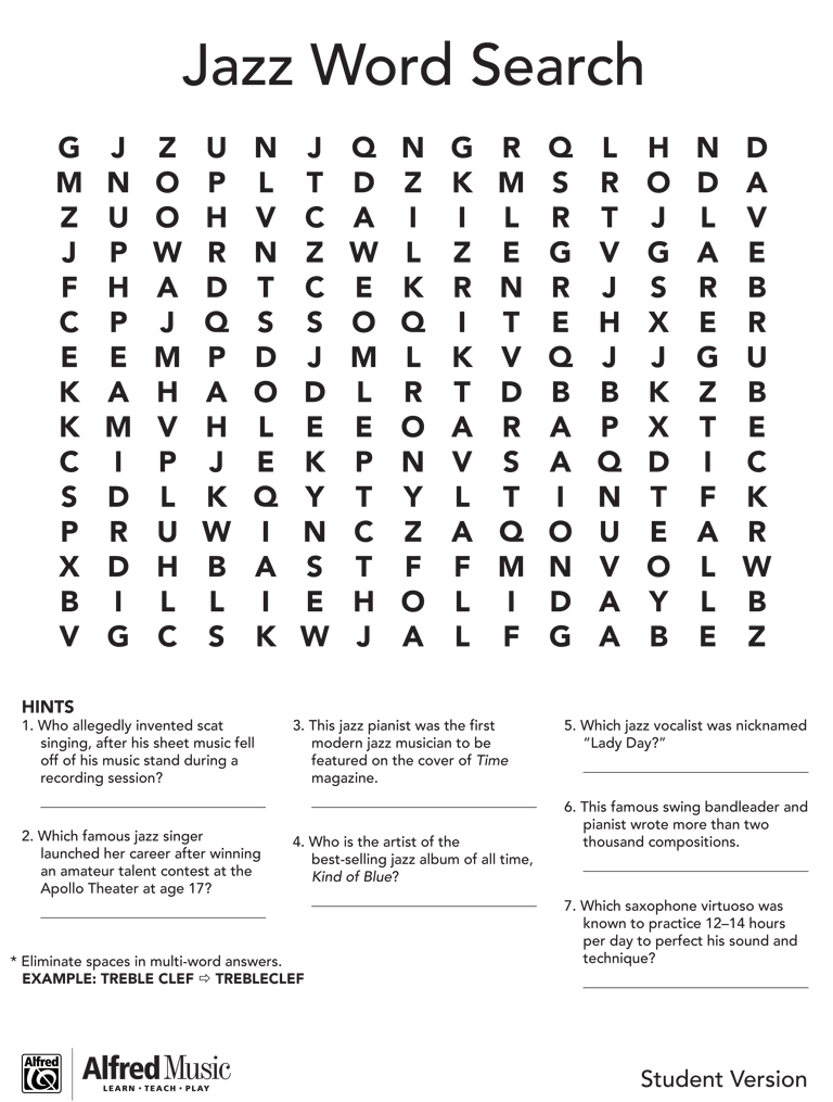 free music activity jazz legends word search